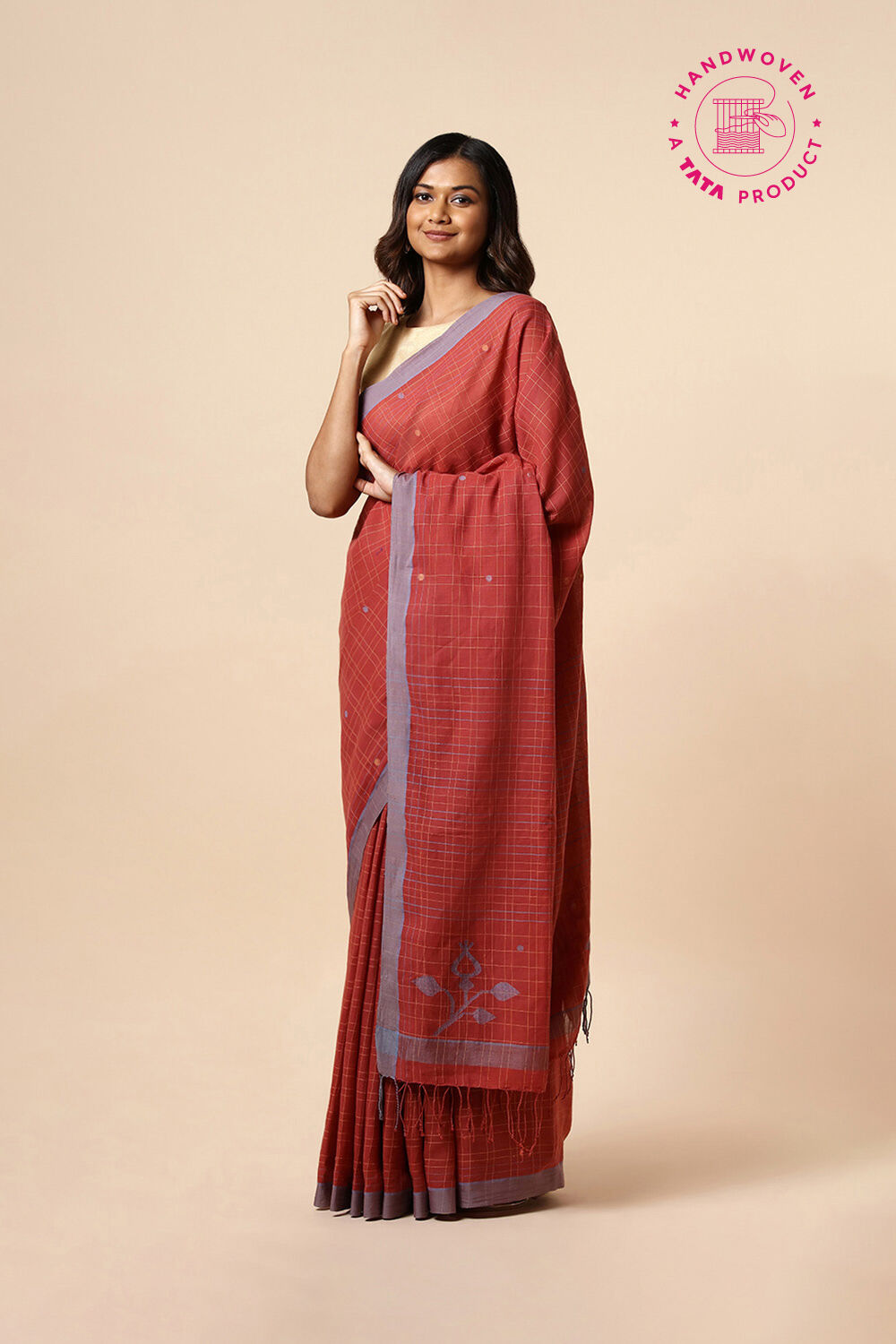 Red Cotton Pure Khadi Jamdani Saree image number null