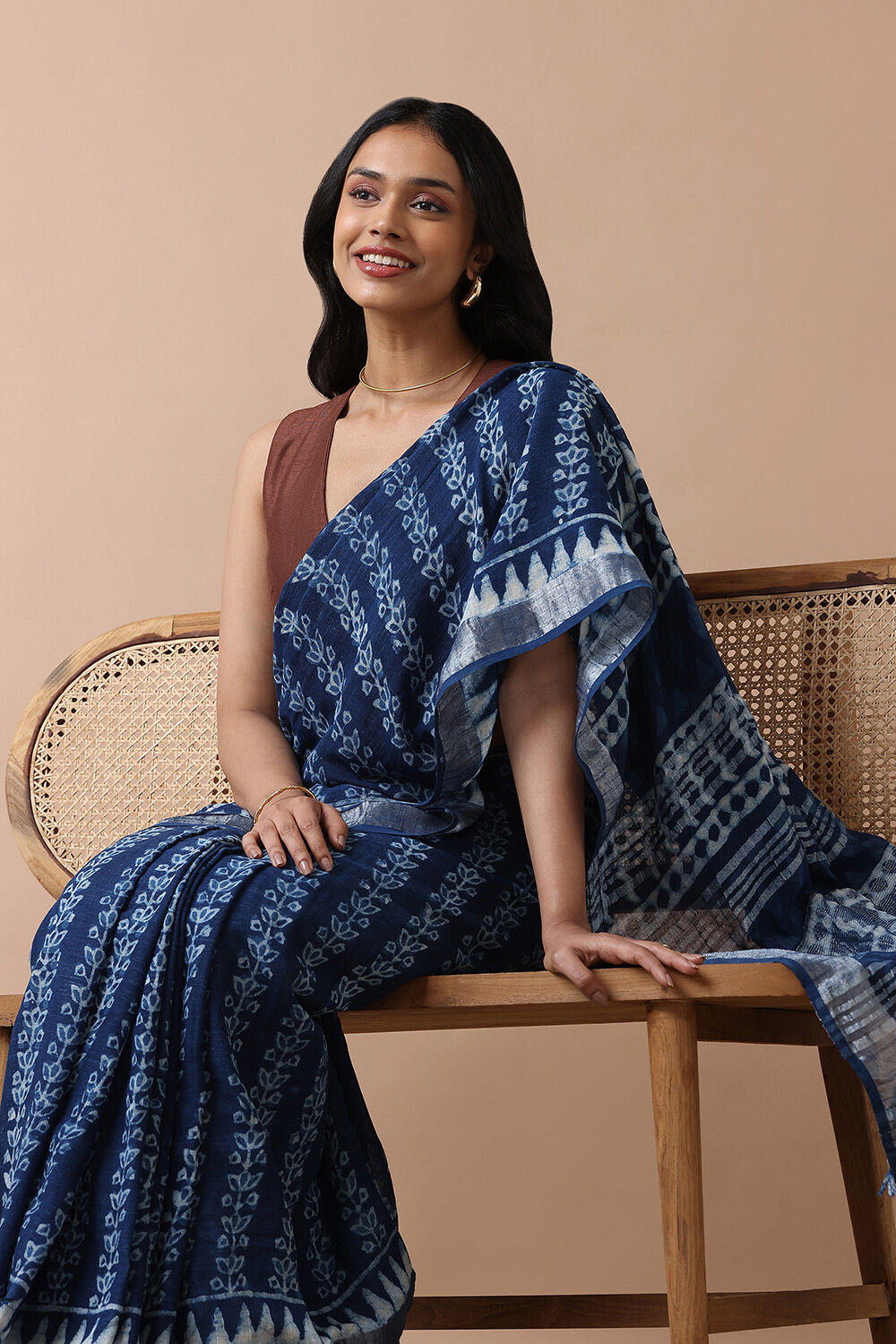Blue Cotton Viscose Rajasthan Block Printed Saree image number null