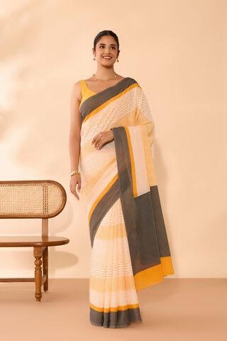 Off White Screen Printed Bengal Mulmul Saree thumbnail image number null