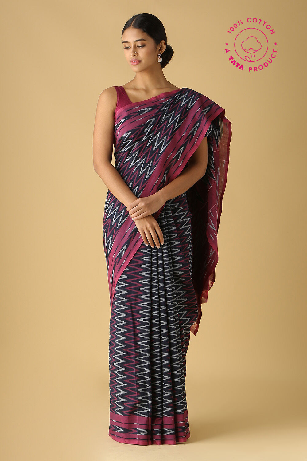 Dark Blue Cotton Pochampalli Ikat Saree image number null