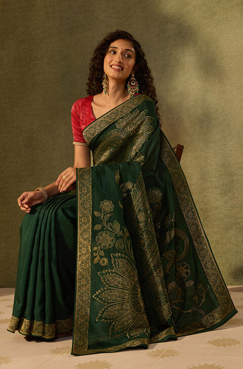 Dark Green Woven Pure Viscose Saree