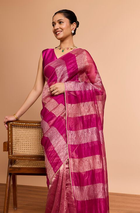 Pink Woven Pure Silk Organza Saree