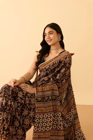 Black Printed Kalamkari Machilipatnam Pure Cotton Saree image number