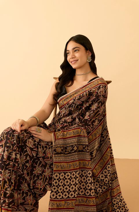 Black Printed Kalamkari Machilipatnam Pure Cotton Saree