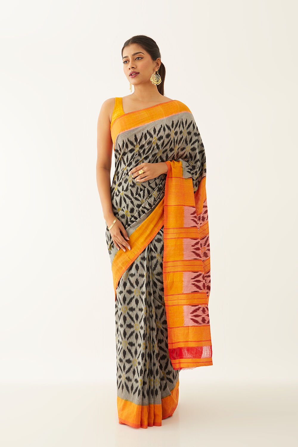 Grey Pure Cotton Pochampalli Ikat Saree image number null