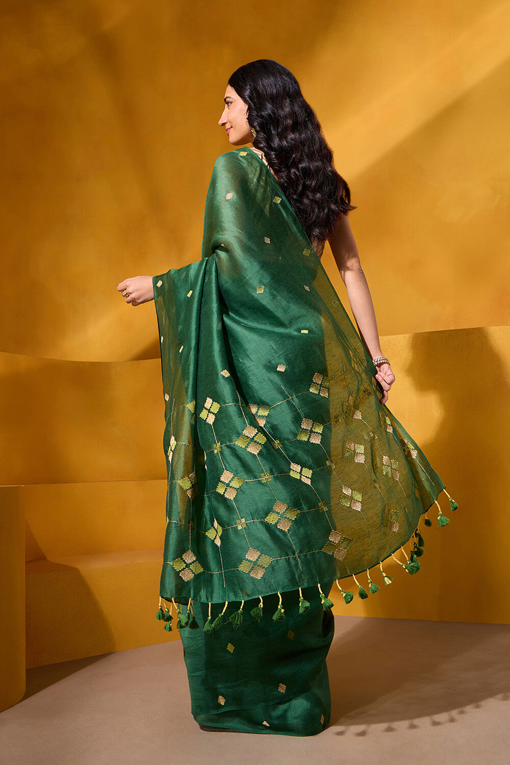 Dark Green Silk Tencel Embroidered Saree image number null
