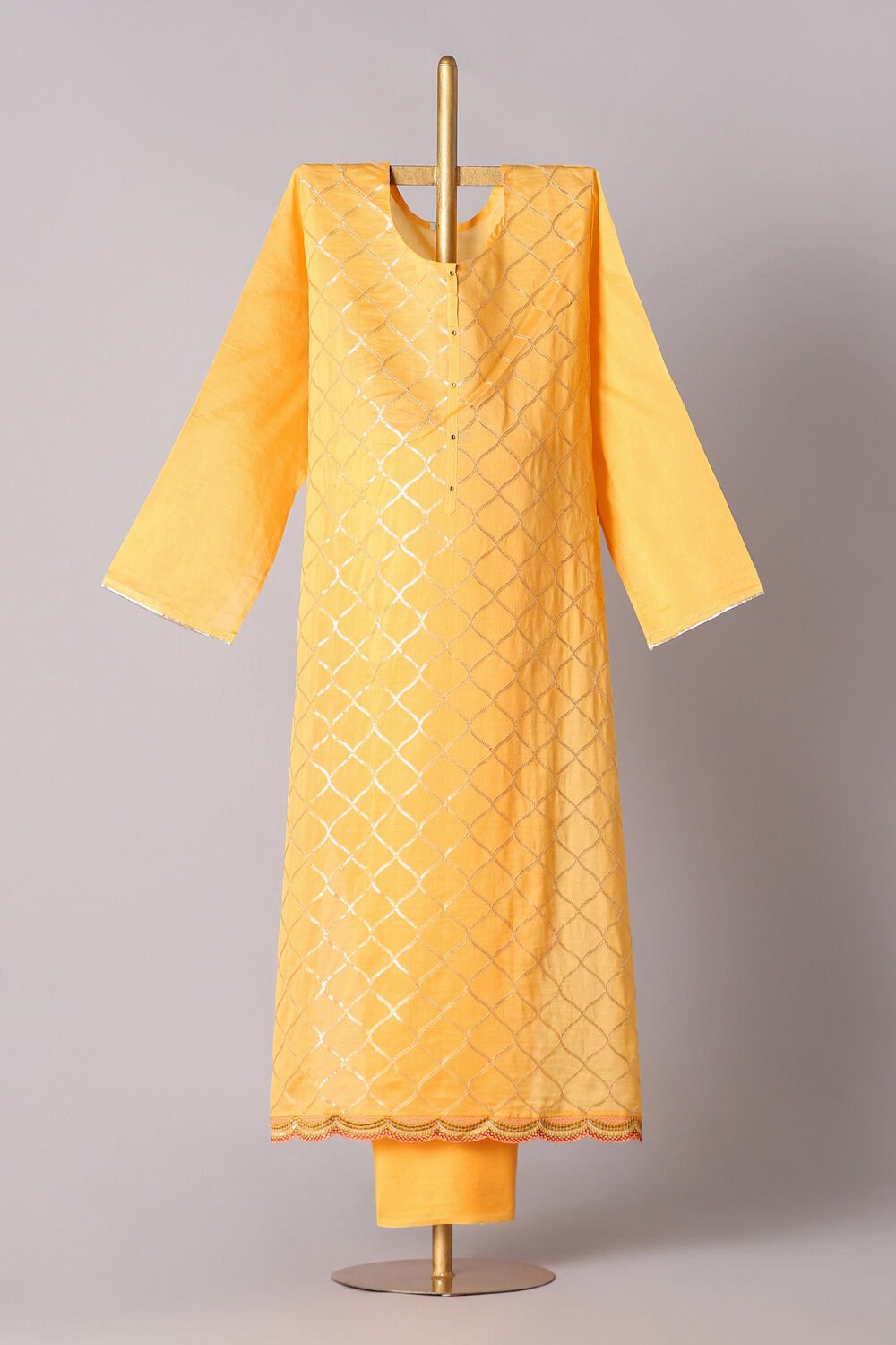 Yellow Silk Cotton Embroidered Semistitched Suit Set image number null