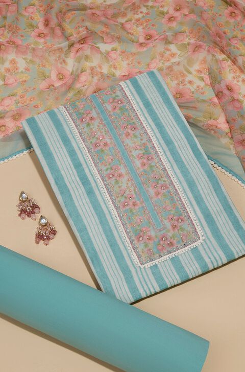 Light Blue Pure Silk Cotton Embroidered Unstitched Suit Set