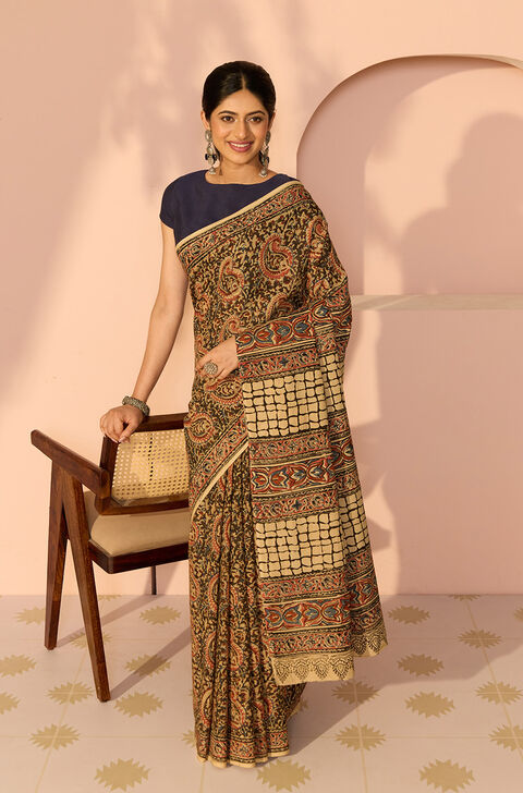 Brown Printed Kalamkari Machilipatnam Pure Cotton Saree
