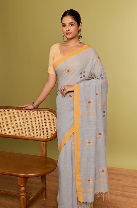 Grey Bengal Pure Cotton Jamdani Saree