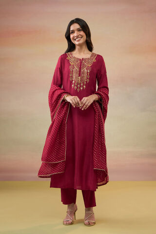 Red Pure Viscose Embroidered Kurta Set image number