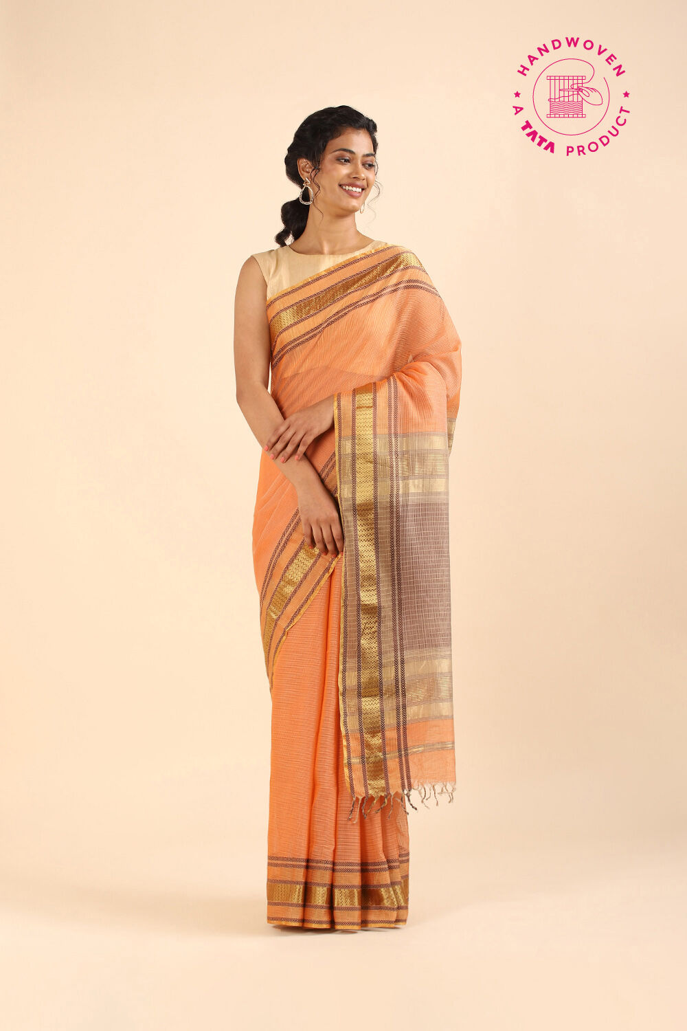 Light Orange Pure Silk Cotton Maheswari Saree image number null