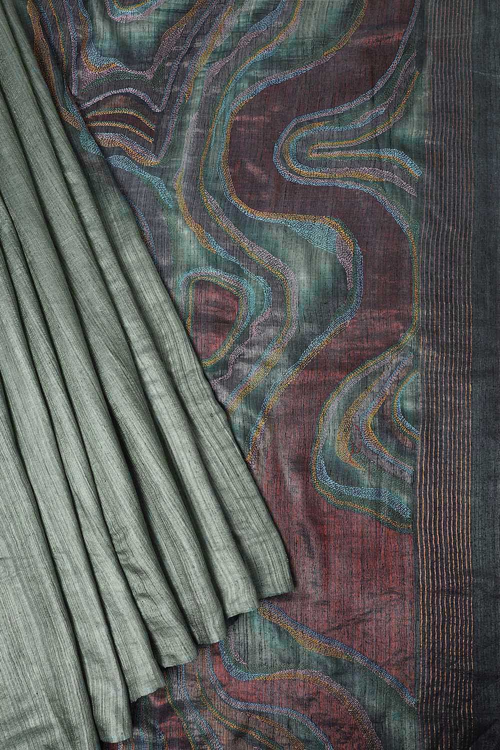 Grey Pure Silk Tussar Jamdani Saree with Kantha Embroidery image number null