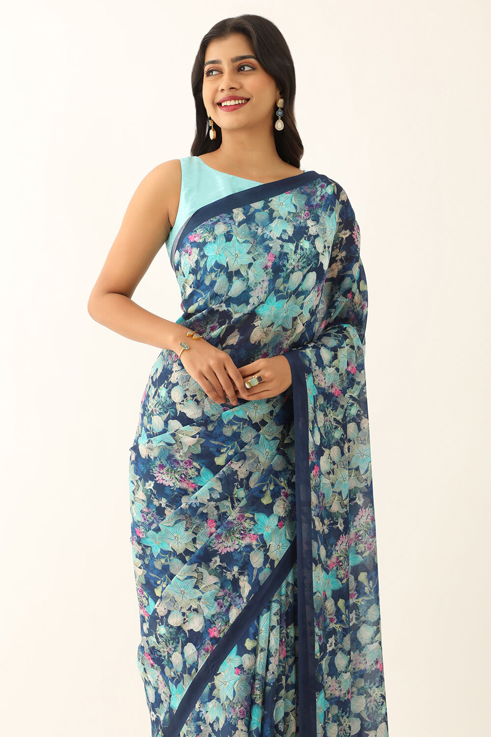 Blue Viscose Crepe Digital Print Saree image number null