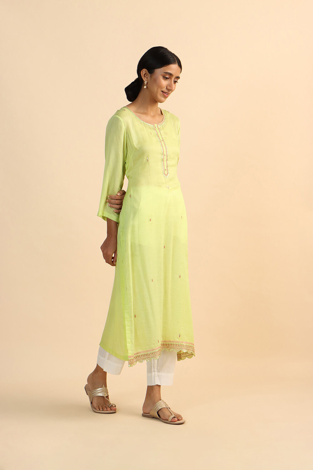 Light Green Viscose Embroidered Kurta image number null