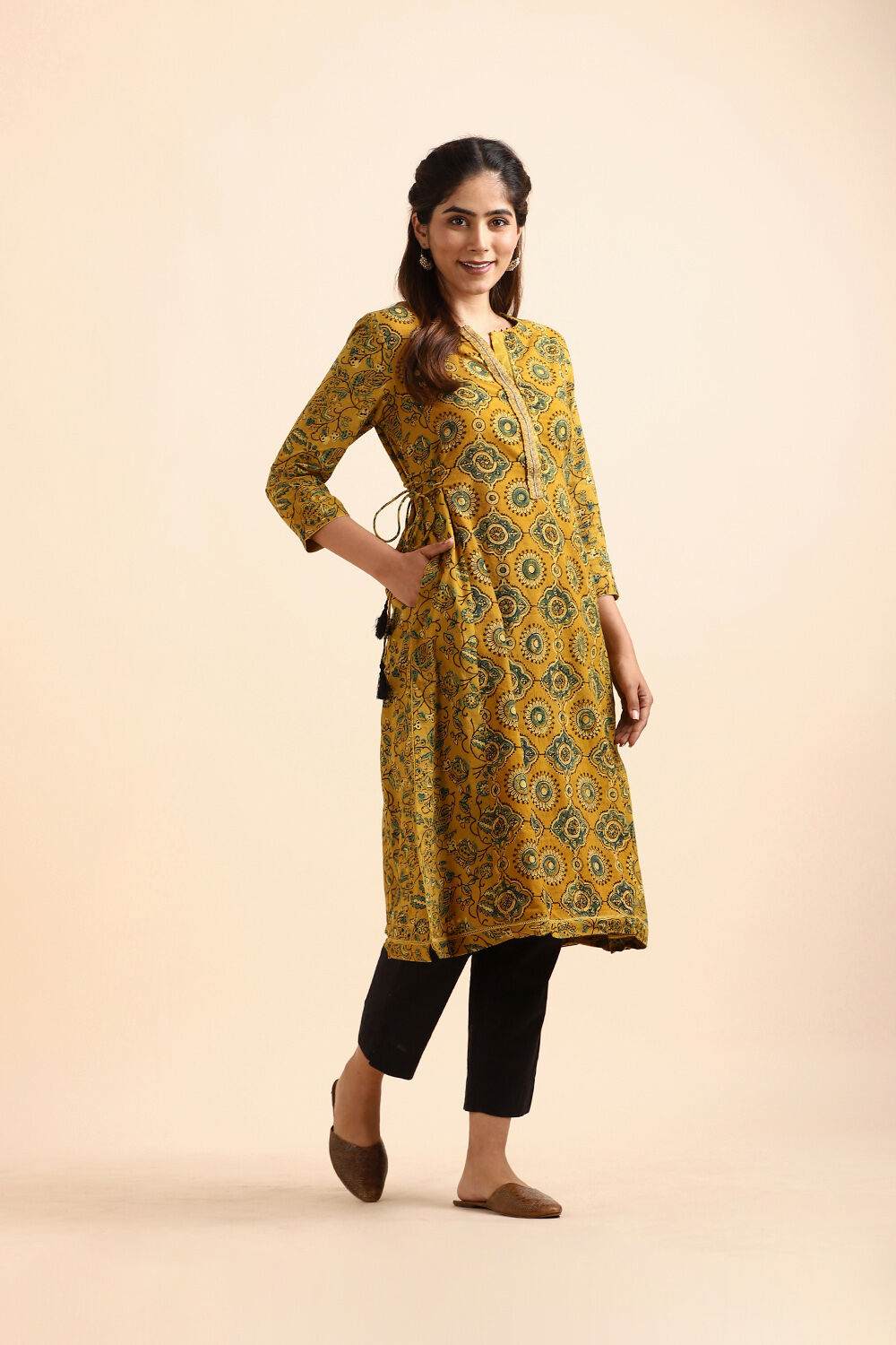 Yellow Ajrakh Block Printed Cotton Kurta image number null
