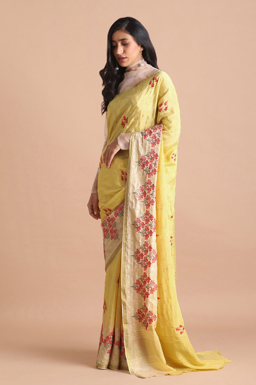 Yellow Pure Viscose Embroidered Saree image number null