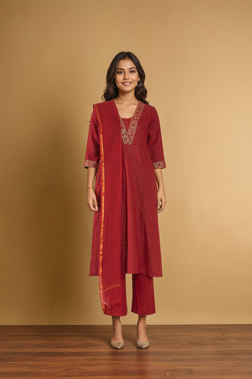 Red Pure Cotton Screen Printed Kurta Set image number null