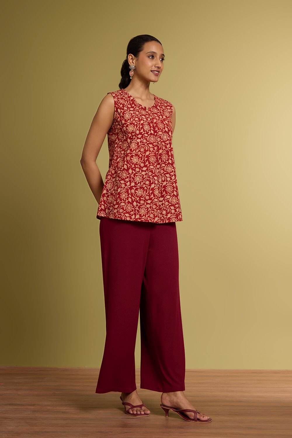 Dark Red Bagru Block Printed Pure Cotton Short Top image number null