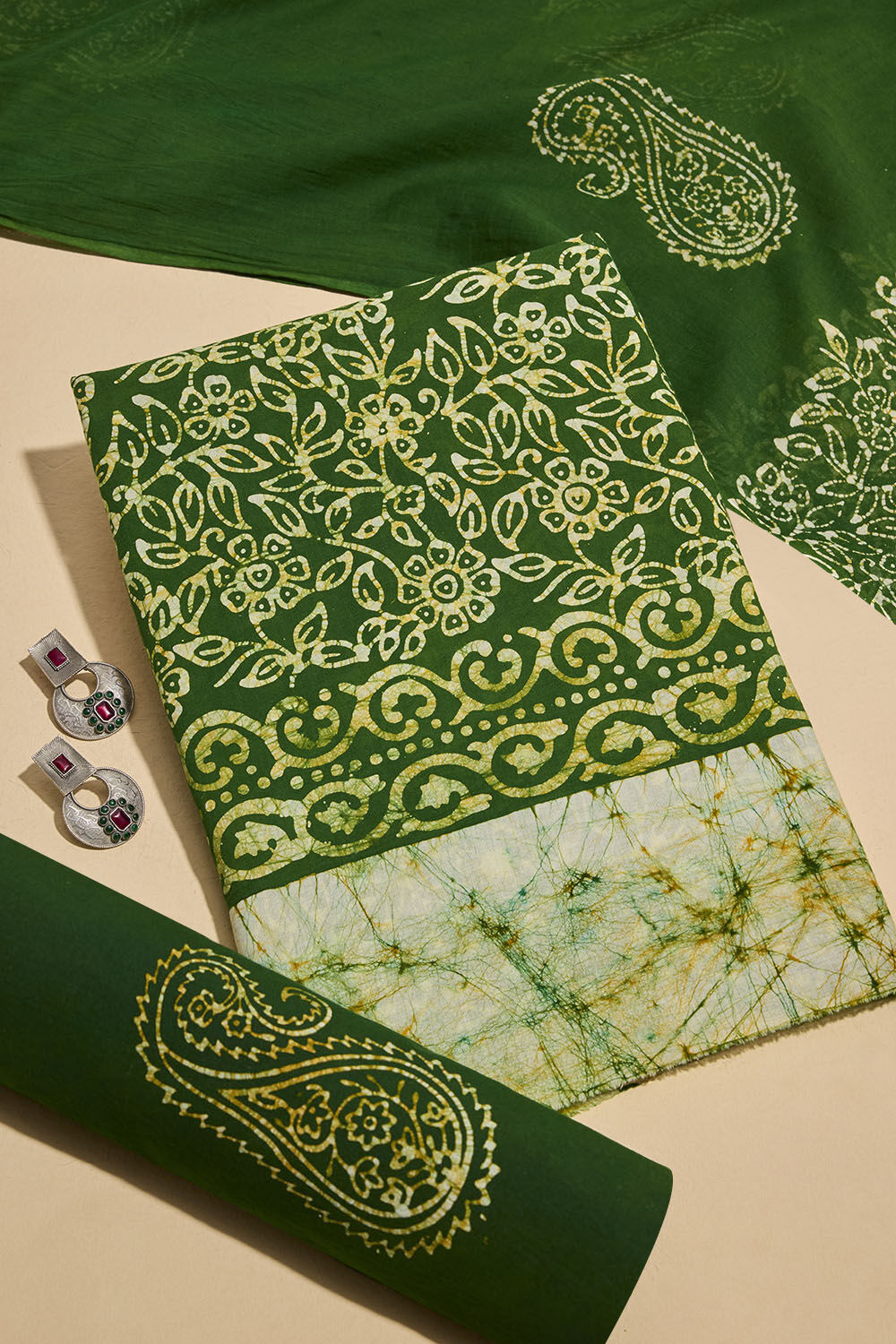 Dark Green Batik Pure Cotton Unstitched Suit Set image number null