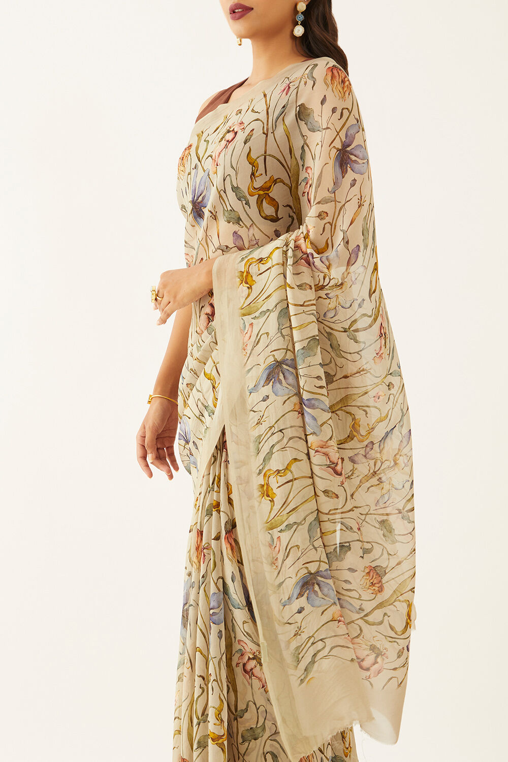 Beige Viscose Organza Digital Print Saree image number null