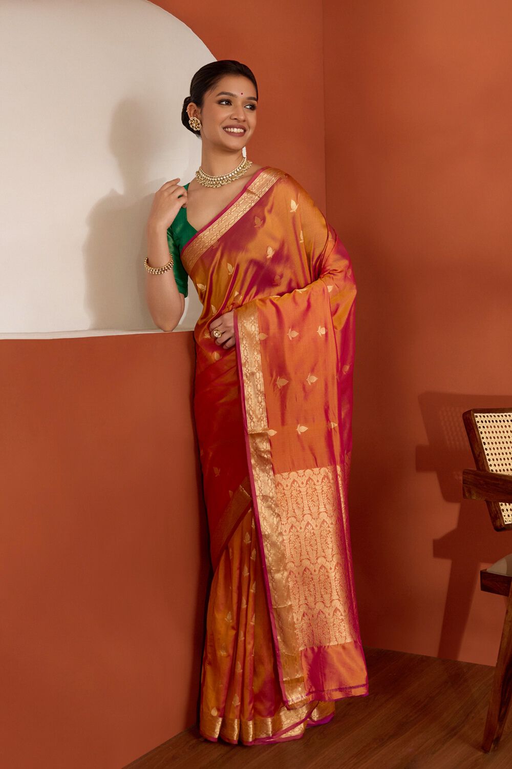 Orange Silk Viscose Cutwork Banaras Inspired Design Saree image number null