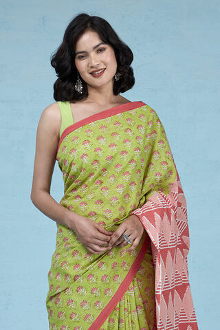 Light Green Pure Cotton Mulmul Block Printed Bengal Saree thumbnail image number null