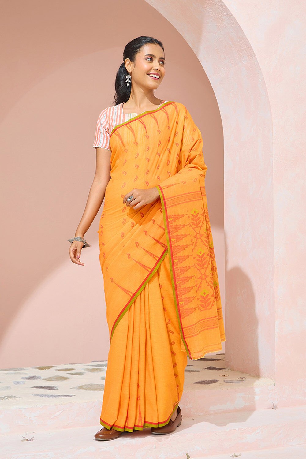 Orange Cutwork Pure Cotton Bengal Saree image number null