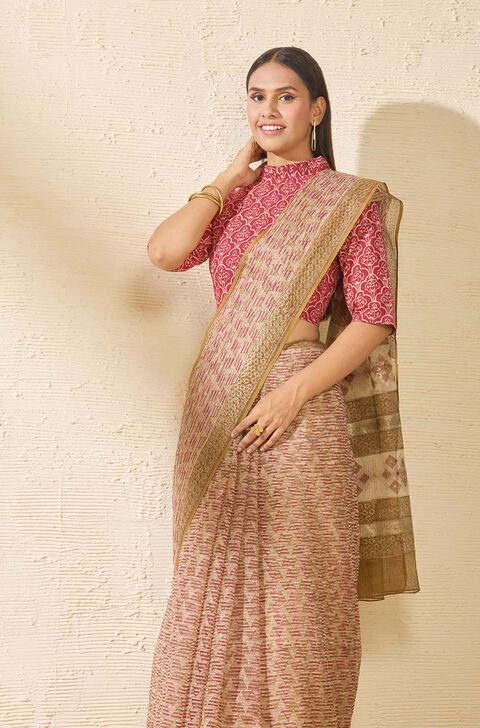 Brown Bagru Block Printed Pure Cotton Kota Saree
