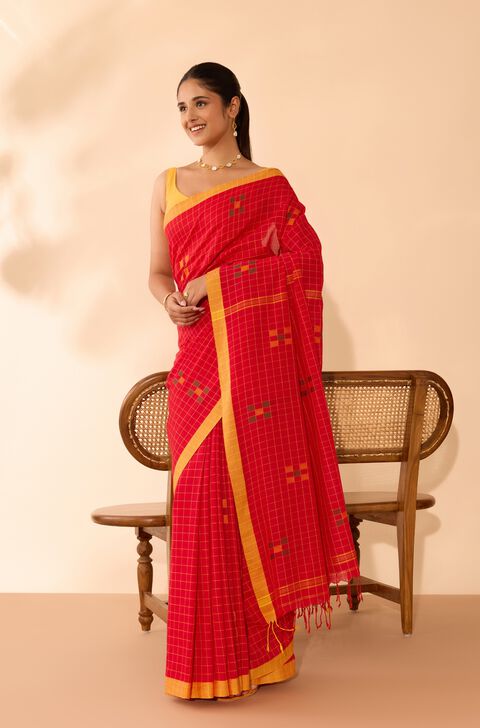 Dark Red Woven Pure Cotton Bengal Saree