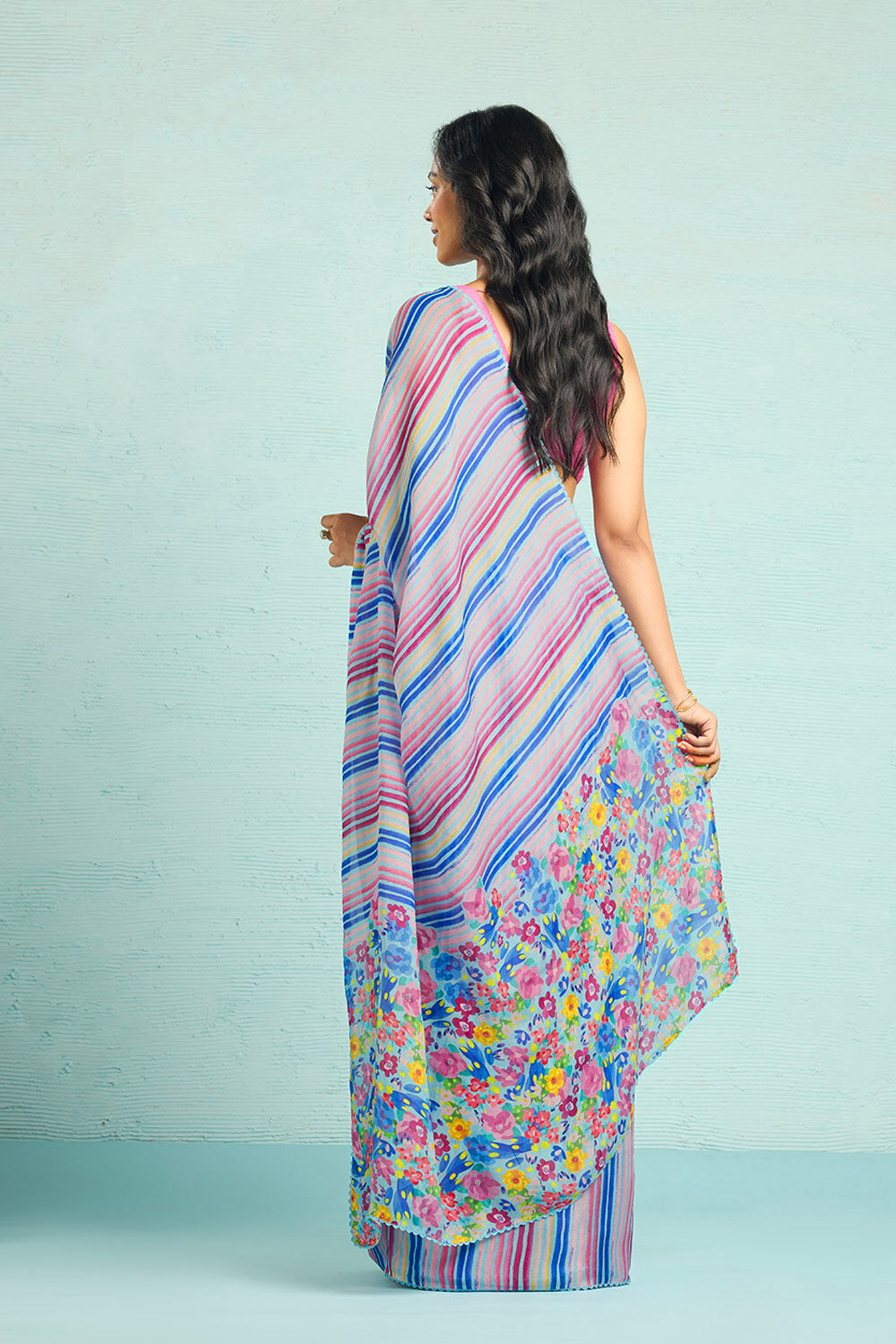 Blue Printed Viscose Crepe Saree image number null