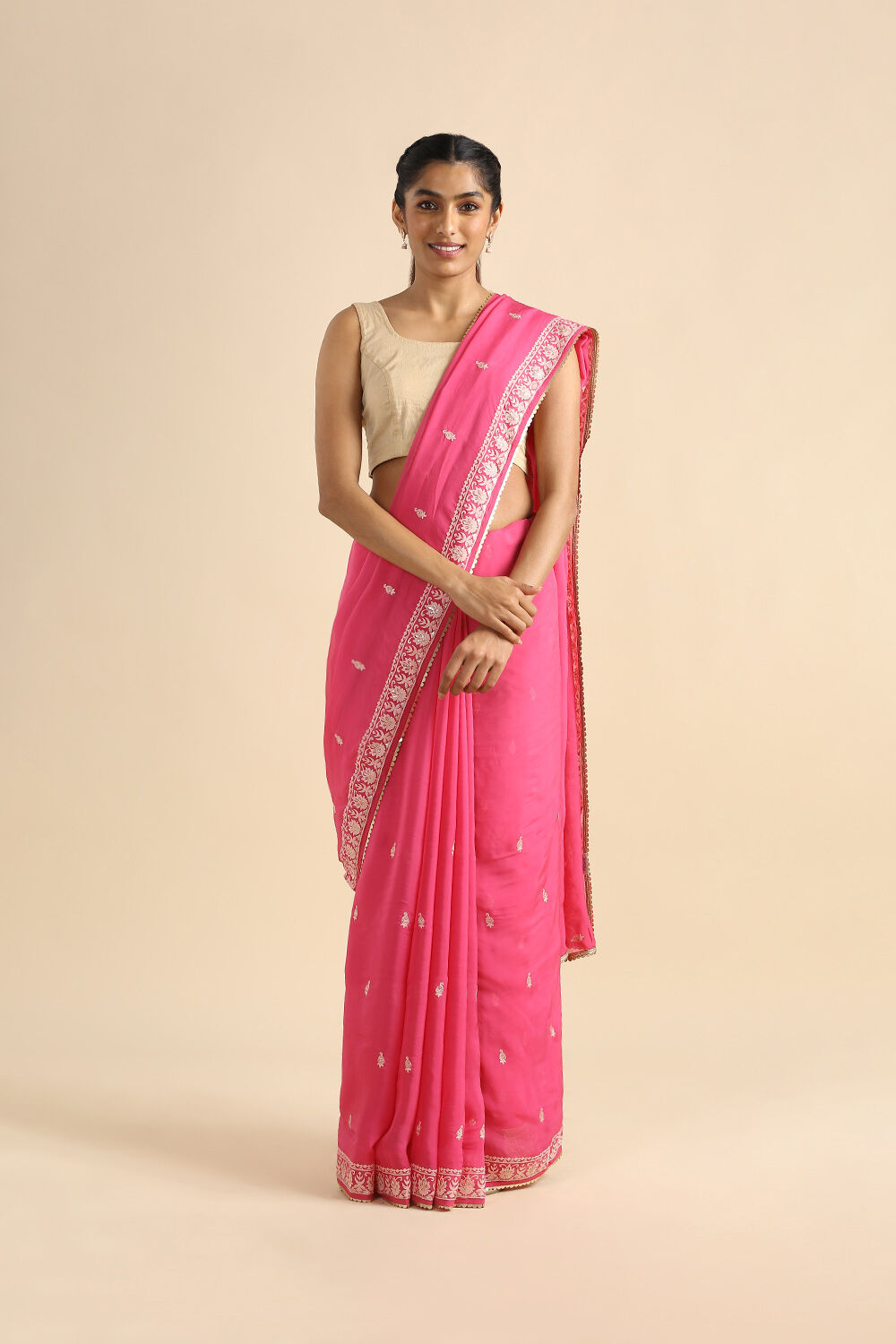 Dark Pink Viscose Embroidered Saree image number null