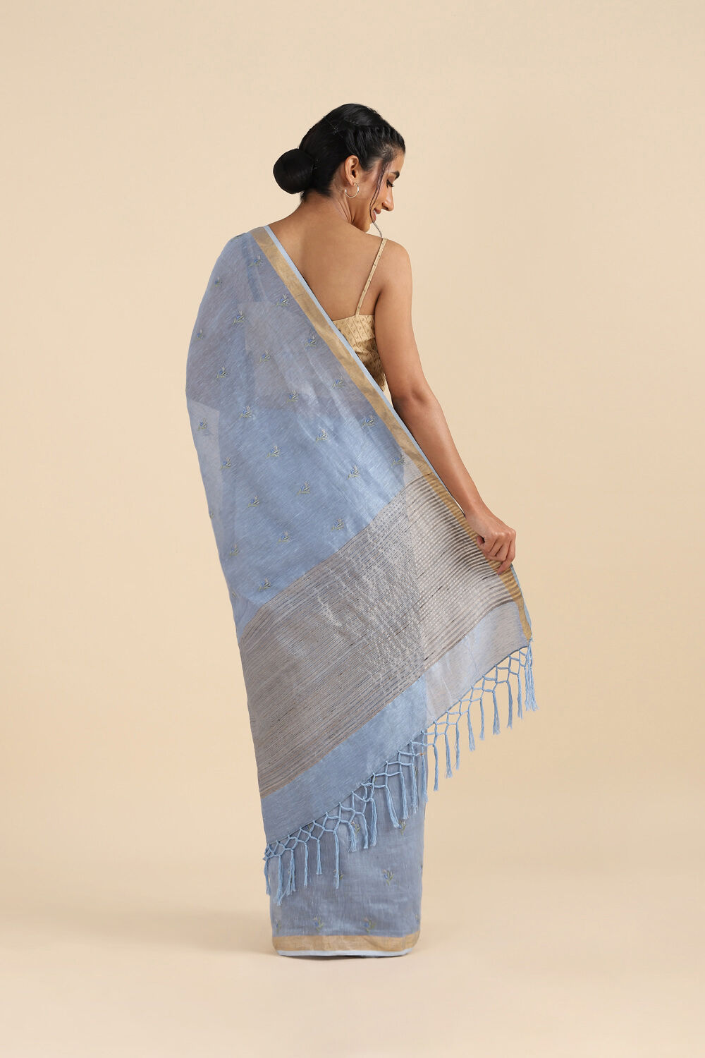 Light Blue Pure Silk Linen Embroidered Saree image number null