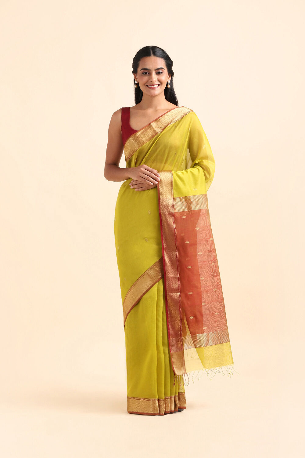 Light Green Pure Silk Cotton Maheswari Saree image number null