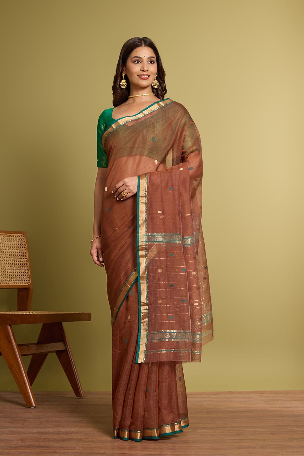 Brown Woven Pure Silk Cotton Chanderi Saree image number null