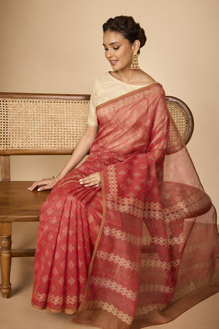 Light Red Bengal Pure Silk Cotton Block Printed Saree image number