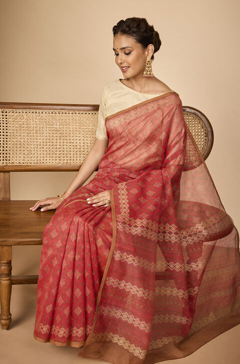 Light Red Bengal Pure Silk Cotton Block Printed Saree