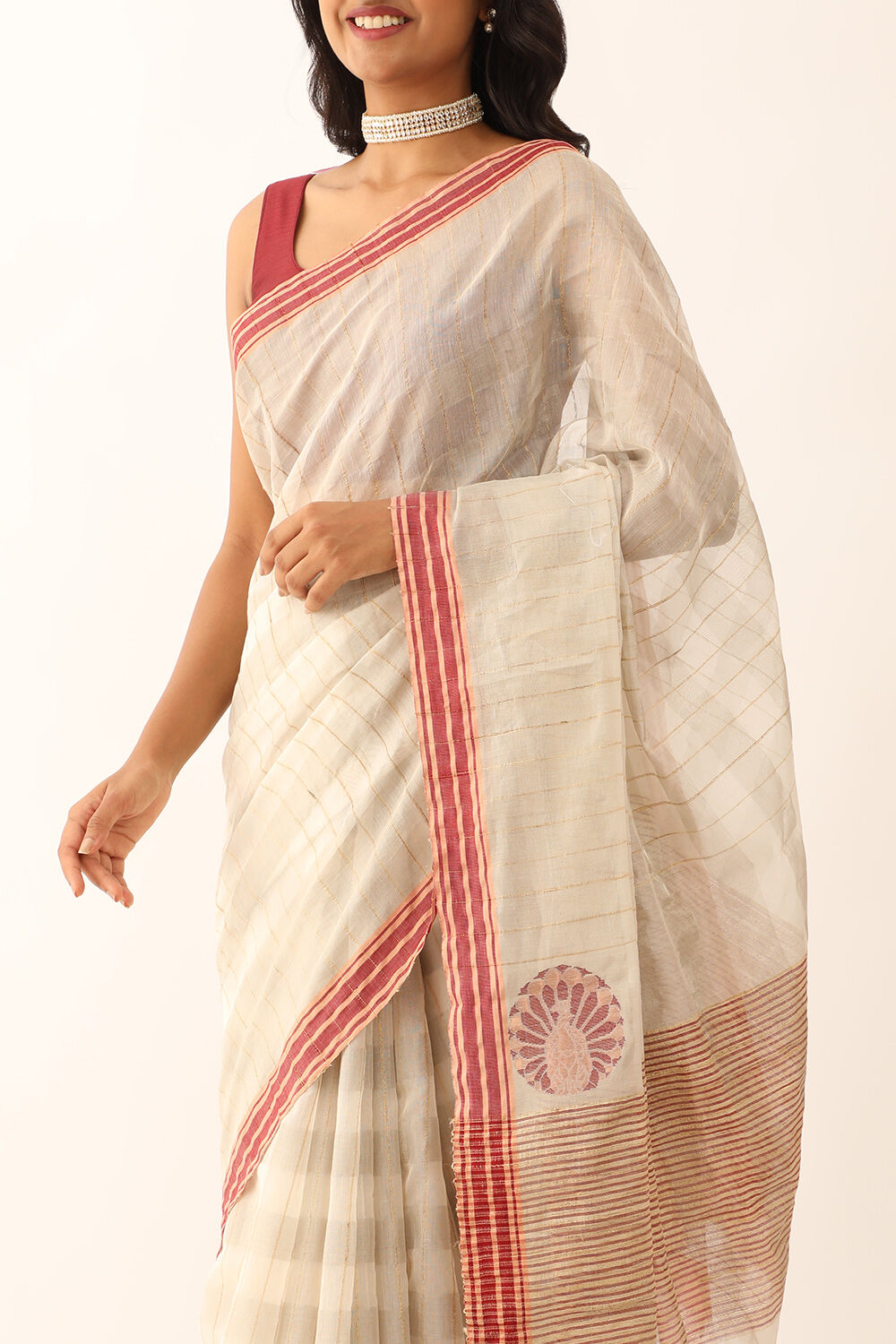 Off White Pure Silk Cotton Woven Chanderi Saree image number null