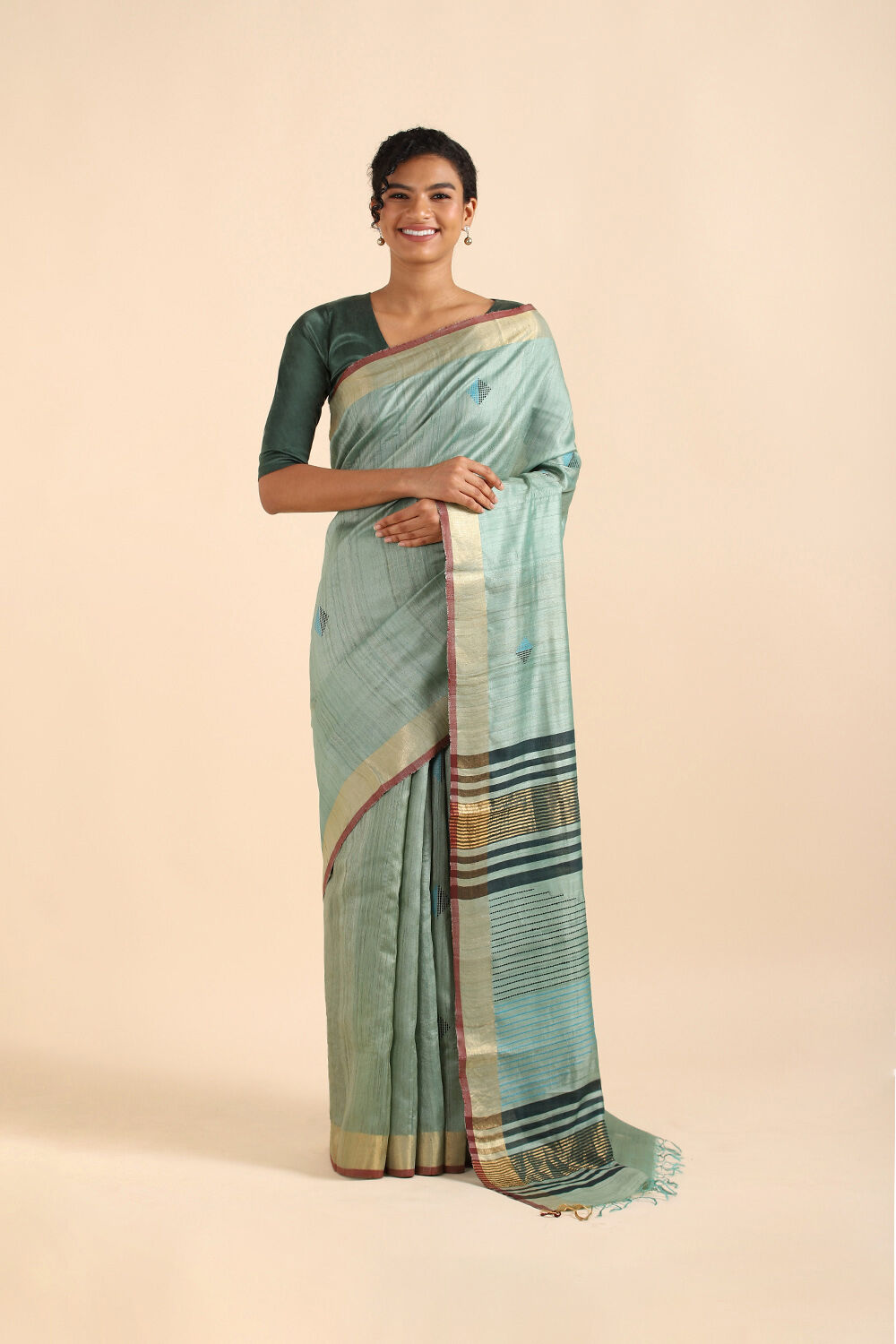 Light Pure Green Tussar Bhagalpuri Saree image number null