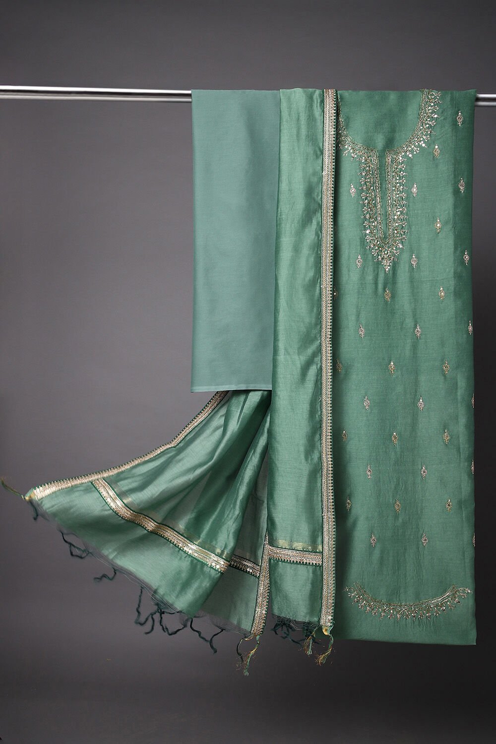 Green Embroidered Silk Cotton Suit image number null