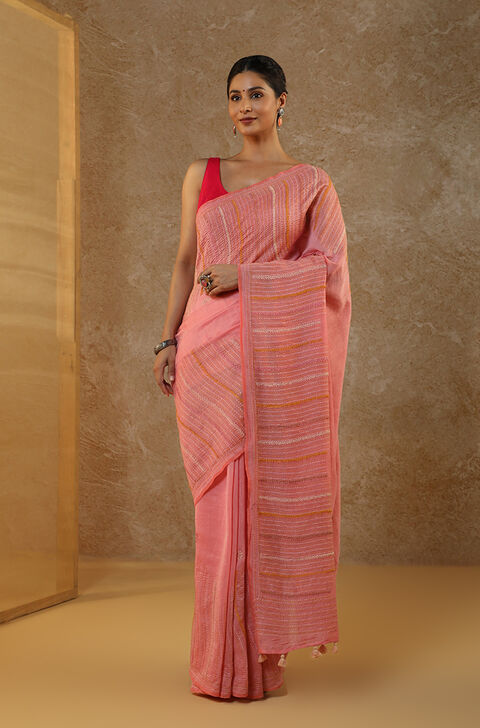 Pink Pure Silk Cotton Kantha Embroidered Bengal Saree