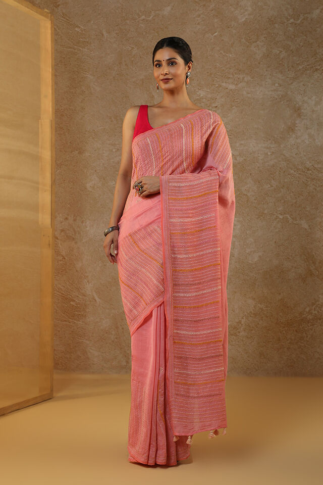 Pink Pure Silk Cotton Kantha Embroidered Bengal Saree
