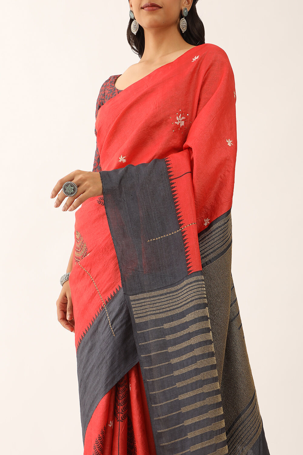 Red Block Printed Pure Tussar Silk Saree image number null