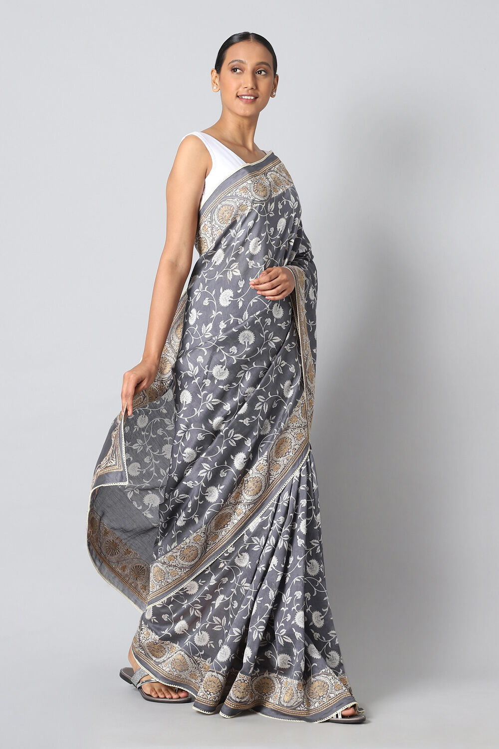 Grey Pure Silk Cotton Printed Saree image number null