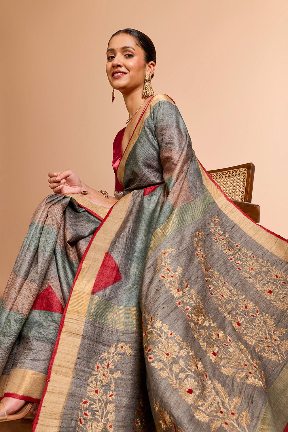 Grey Pure Tussar Silk Embroidered Saree image number null