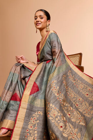 Grey Pure Tussar Silk Embroidered Saree image number