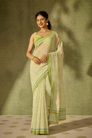 Light Green Rajasthan Pure Silk Cotton Printed Sanganeri Saree thumbnail image number null