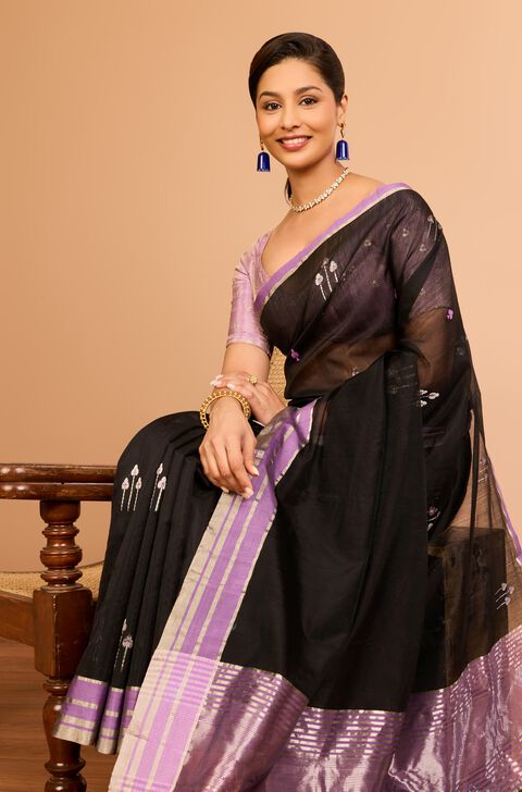 Black Silk Cotton Chanderi Woven Saree