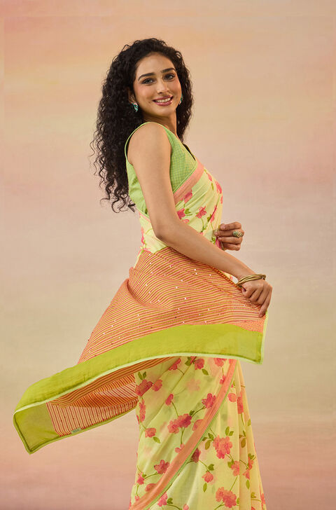 Light Yellow Bengal Pure Cotton Mulmul Kantha Printed Saree