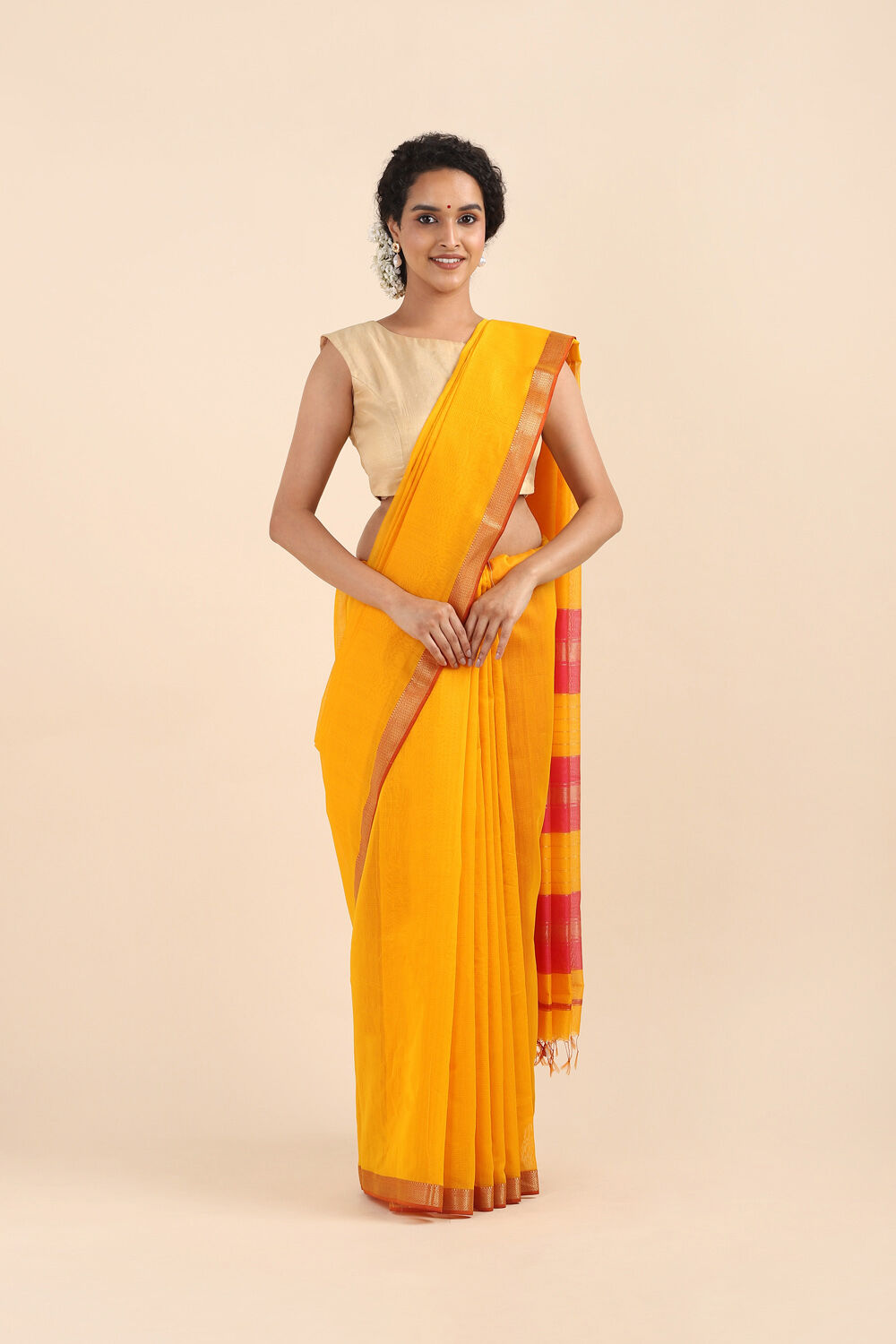 Yellow Pure Silk Cotton Maheswari Saree image number null